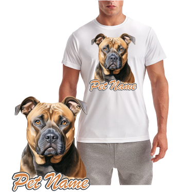Staffordshire Bull Terrier Dog Breed T-Shirt with realistic brown dog portrait and personalized pet name