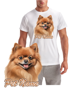 Pomeranian Dog Breed T-Shirt featuring fluffy orange Pomeranian artwork and personalized pet name