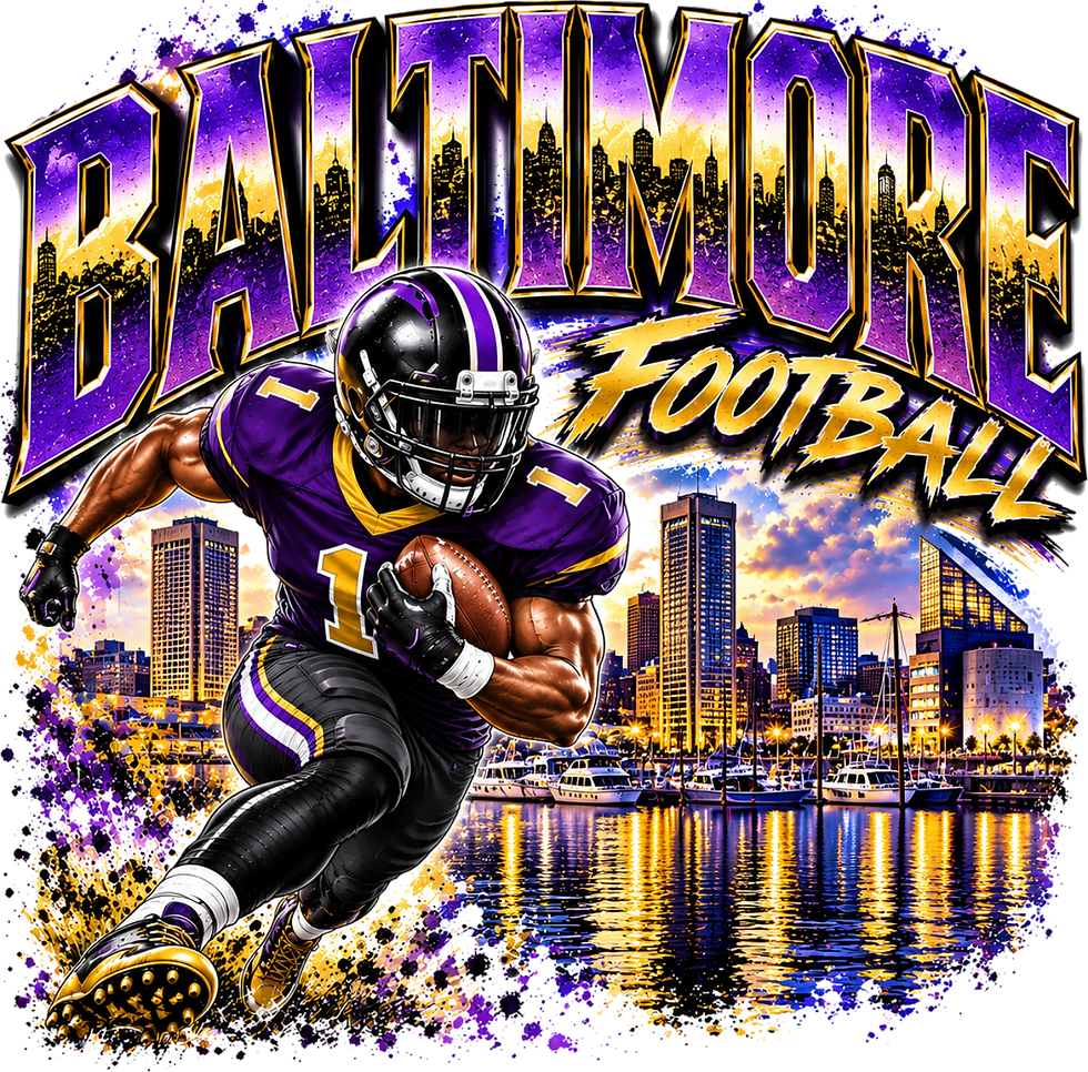 Baltimore football player with purple and gold city design
