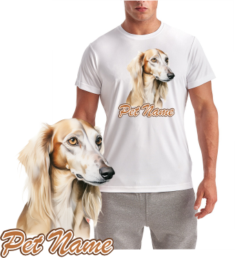 Saluki Dog Breed T-Shirt featuring a cream Saluki portrait with optional personalized pet name