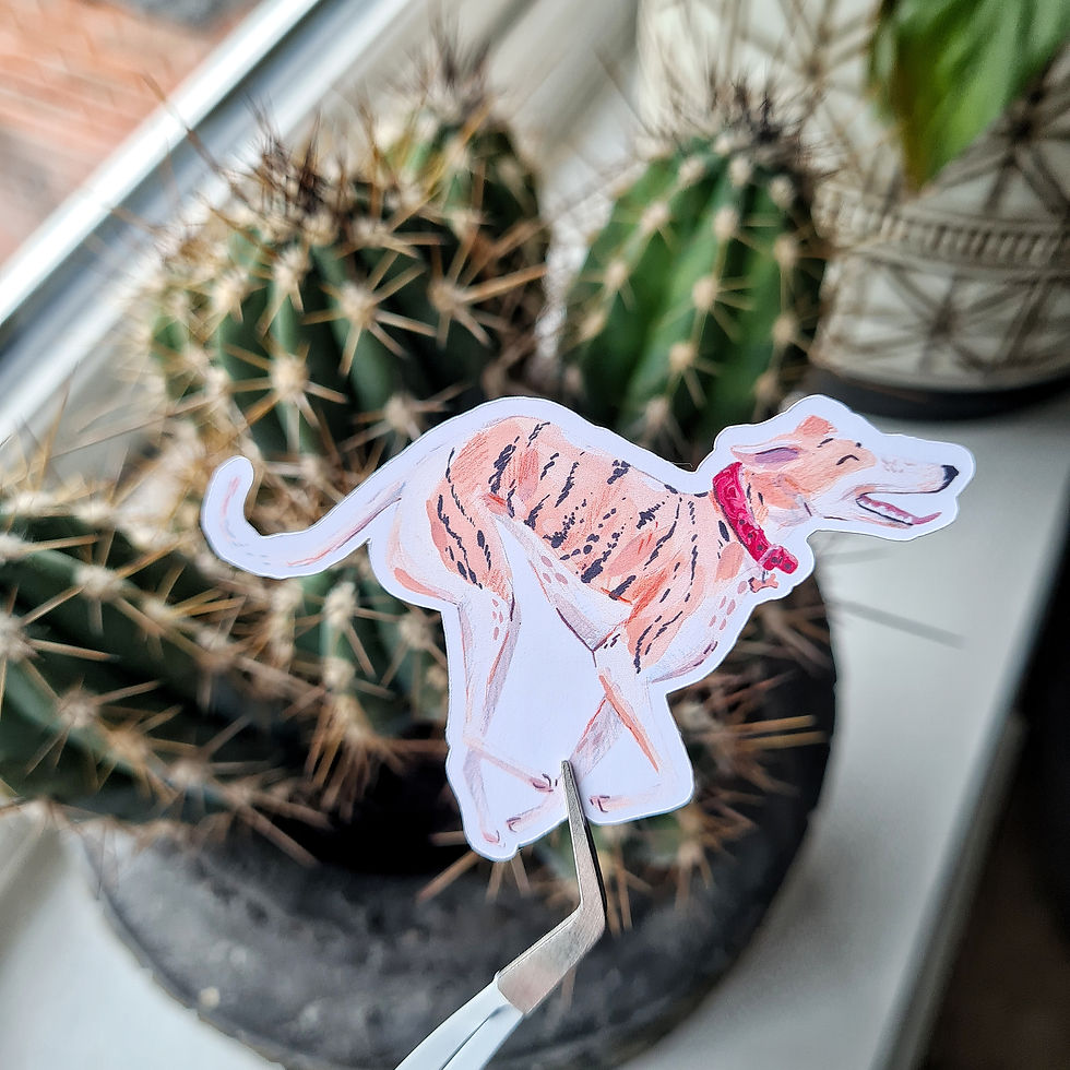 Running white and brindle greyhound paper sticker by Magdalena Creative