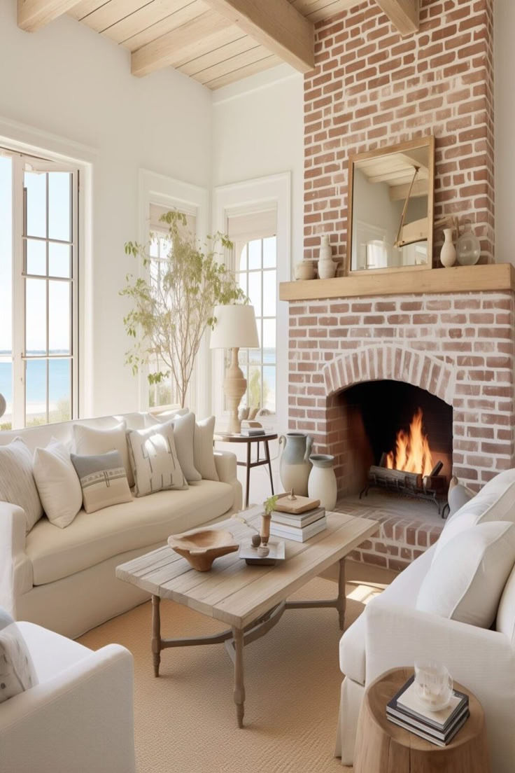 soft light red brick veneer fireplace with wood mantle and brick hearth