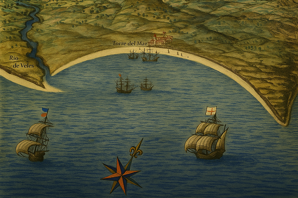 Puerto natural de la bahía de Vélez, con la Torre del Mar, castillo que funcionaba como aduana