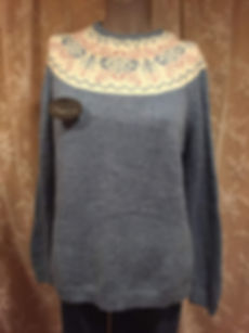MEDIUM sky-blue sweater with pink and white designs