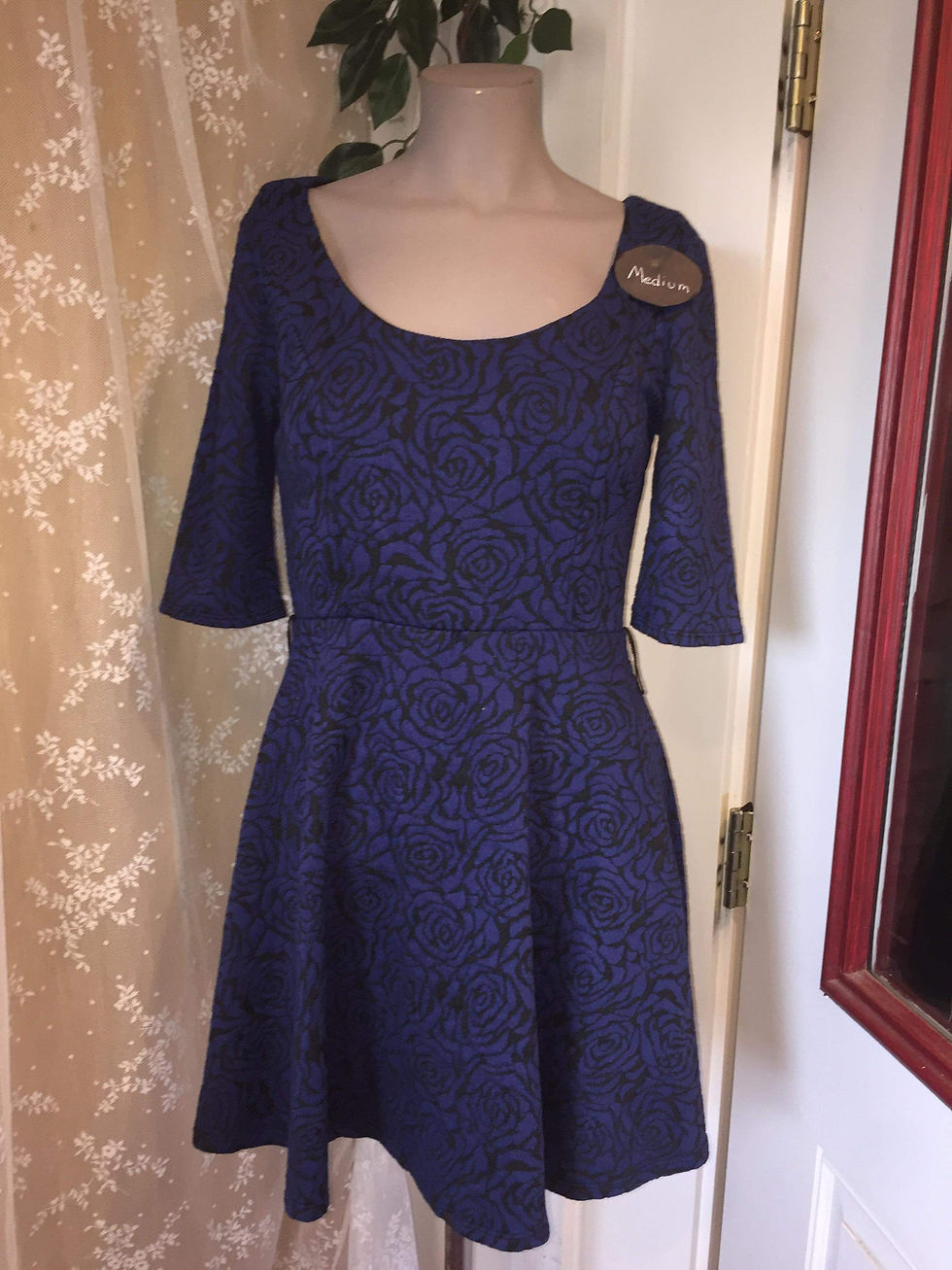 Medium Blue/Black Rose Quarter Sleeve Dress