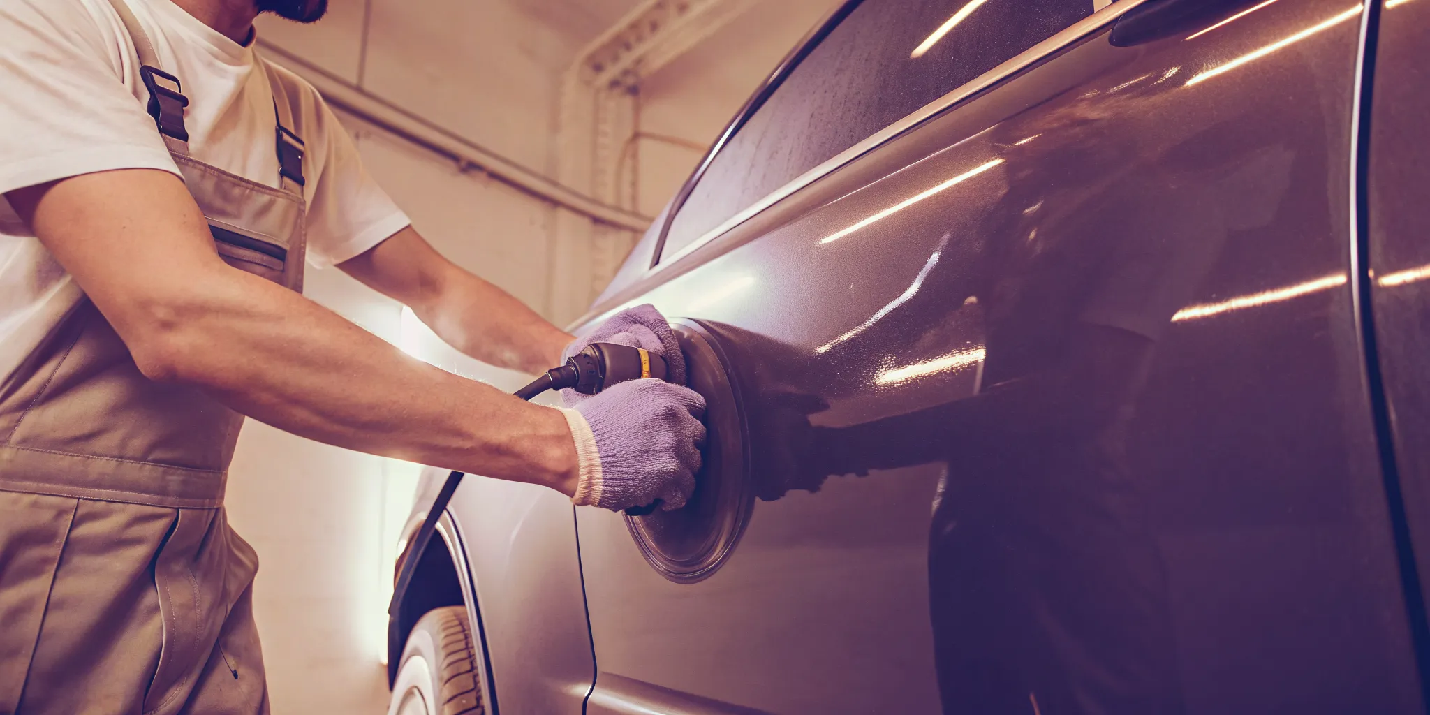 A professional car detailer buffing a shiny car exterior to restore paint shine