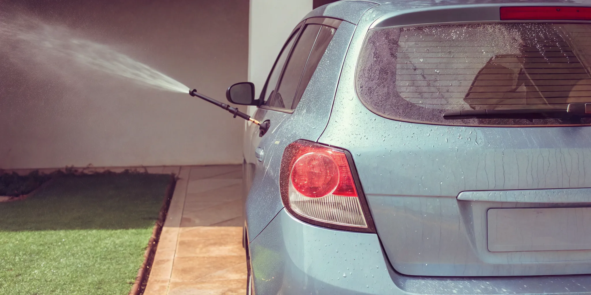 Blue car being thoroughly rinsed before pollen removal