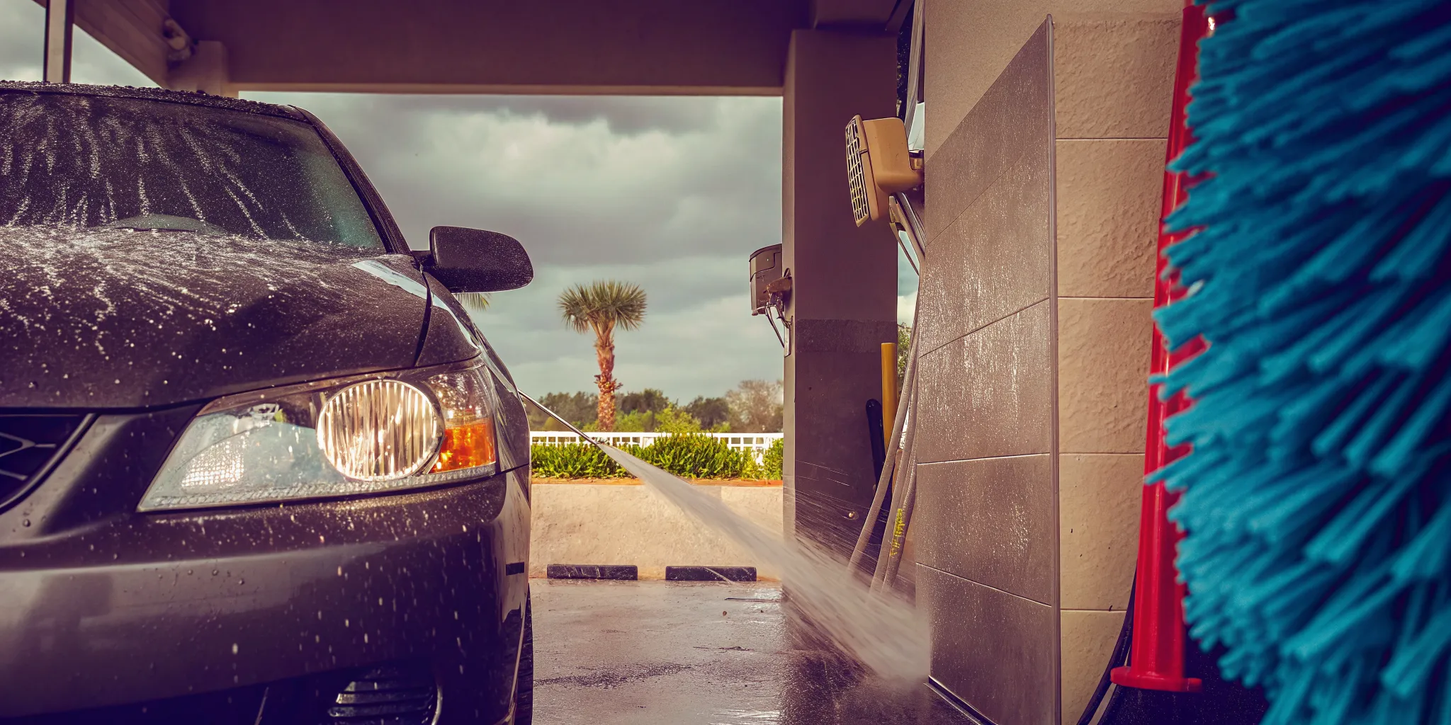 Water rinsing from a protected car hood after lovebug removal