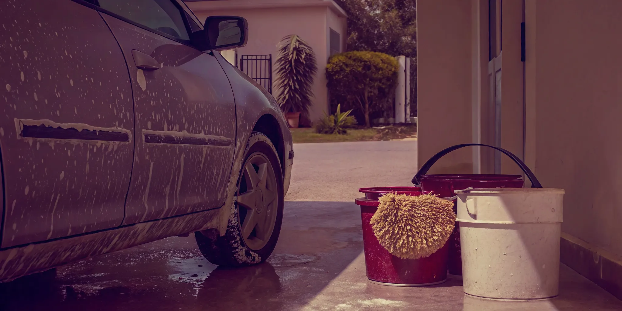 Car-safe soap, wash mitt, and buckets prepared for pollen removal