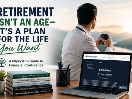 Physician retirement planning with a doctor, FinancialMD website on a laptop, and personal finance books.