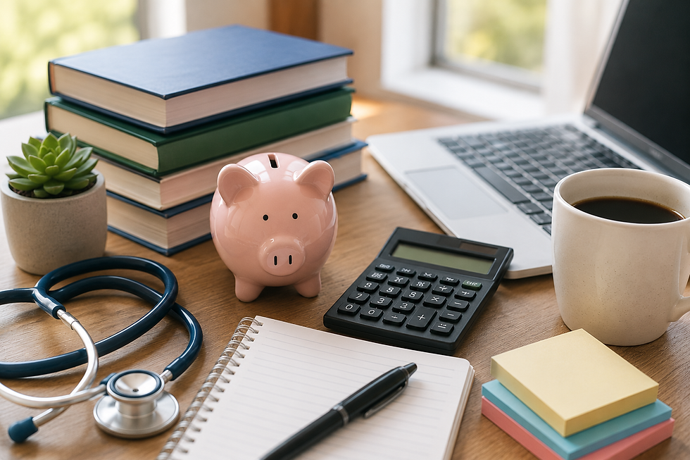 Medical resident’s desk with a stethoscope, piggy bank, calculator, notebook, laptop, coffee, and books, representing personal finance and financial planning.