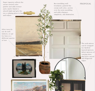 Mood board with earthy tones, featuring paintings, a potted plant, an arch mirror, and text about color palettes and design simplicity.
