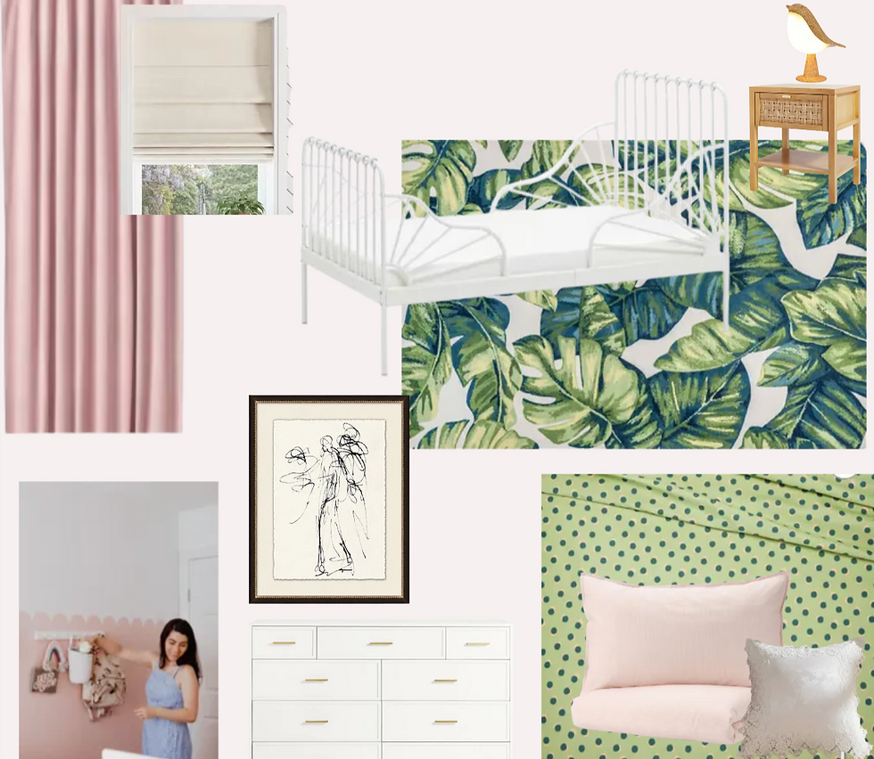 mood board features botanical rug, white iron antique twin bed, green an soft pink, velvet curtains, pencil sketch wall art, white pottery barn style dresser with gold pulls