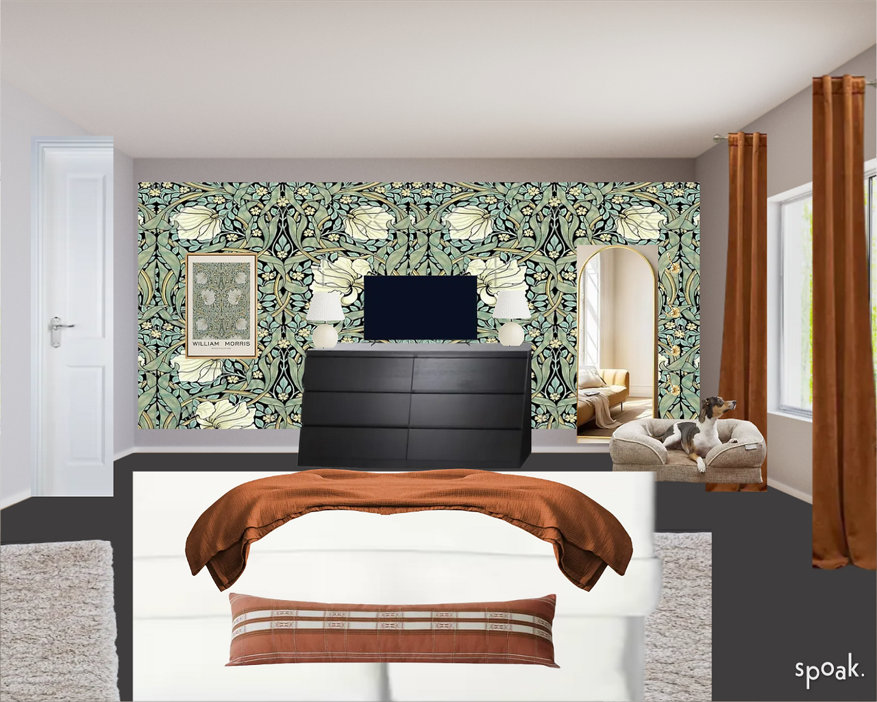 Moody Maximal Bedroom featuring DIY temporary wallpaper, arch mirror, art, deep orange curtains and matching bed textiles, clean white bedding, sheepskin washable runner rugs along bed