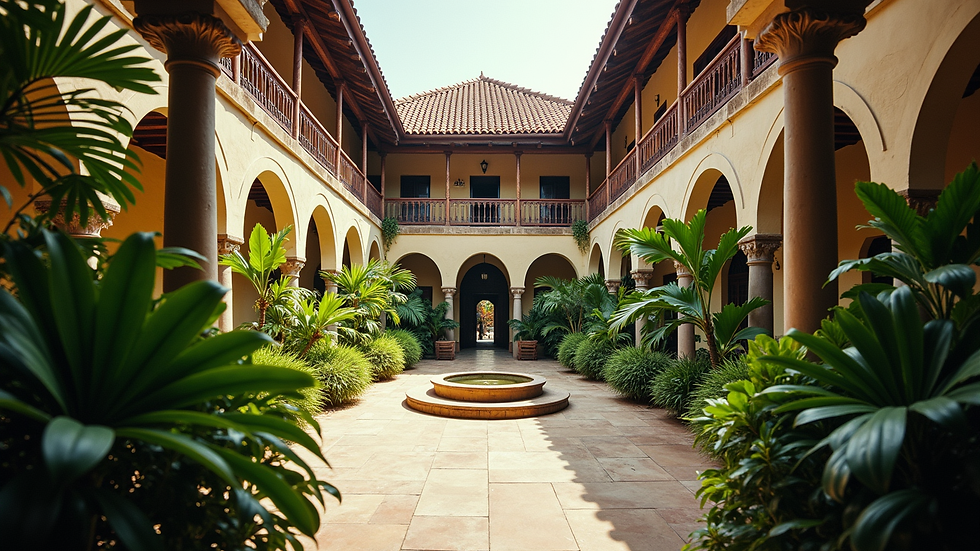 Wide angle view of a historic hotel courtyard with lush tropical plants