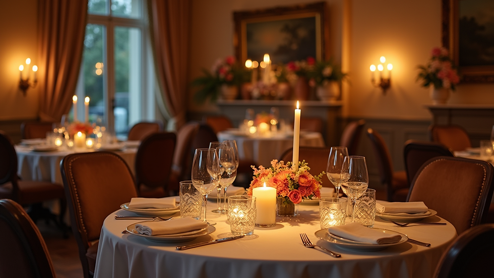 High angle view of a decorated private dining room ready for an intimate dinner