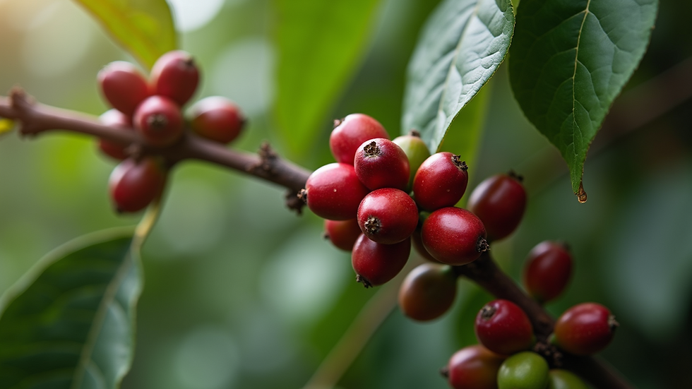 Close-up view of ripe coffee cherries on a branch