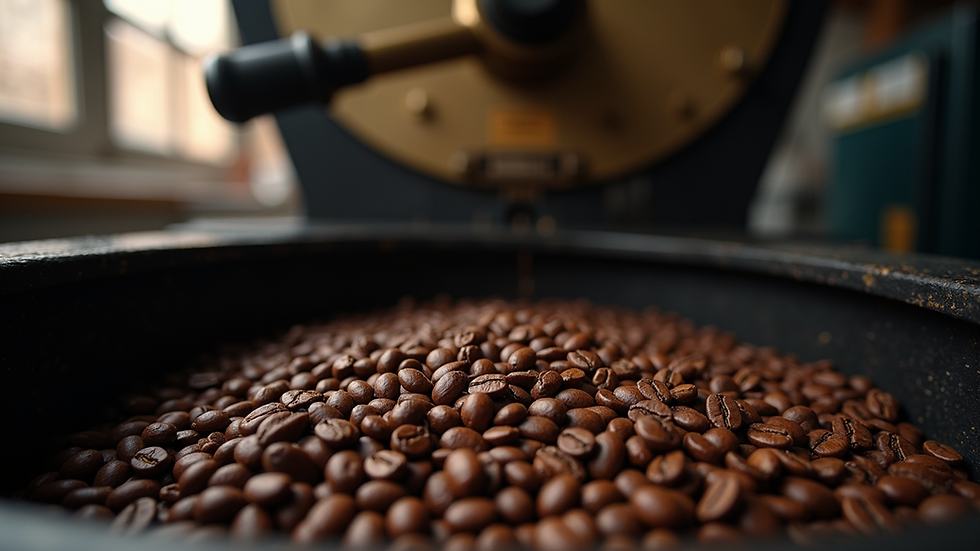 Eye-level view of a roasting machine with coffee beans inside