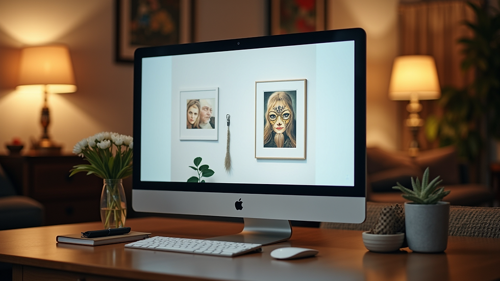 Eye-level view of a computer screen showing an online art gallery