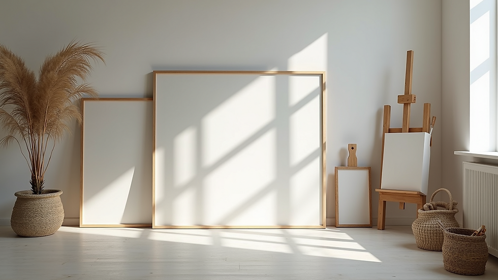 High angle view of a minimalist art studio with canvases and paint supplies