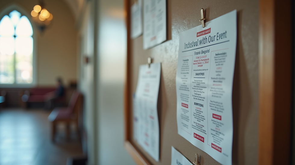 Close-up view of a church bulletin board with inclusive event flyers
