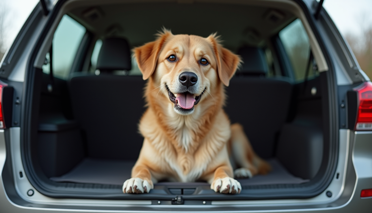 Eye-level view of a calm dog resting in a secure pet carrier inside a vehicle