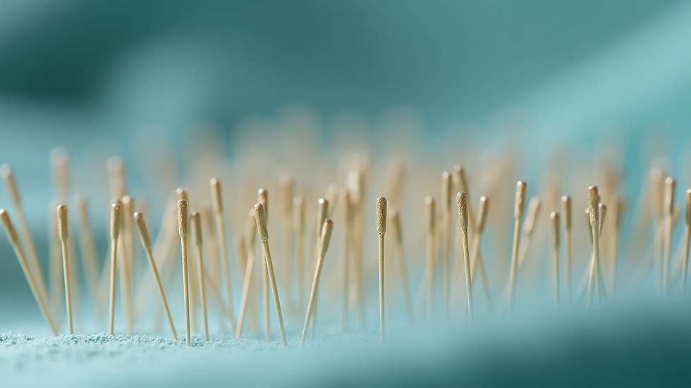 Close-up view of sterile acupuncture needles arranged neatly