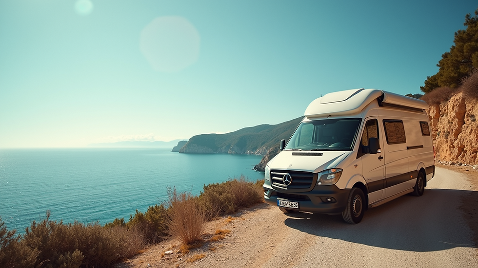 Eye-level view of a campervan parked by the serene Mediterranean coast