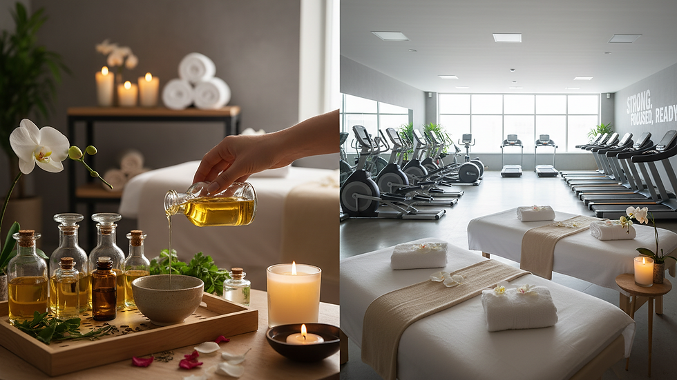 Close-up view of spa therapist preparing massage oils in a clean treatment room