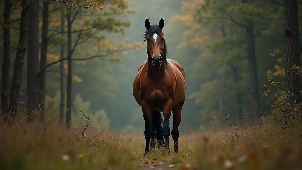 Eye-level view of a horse standing calmly in a forest clearing