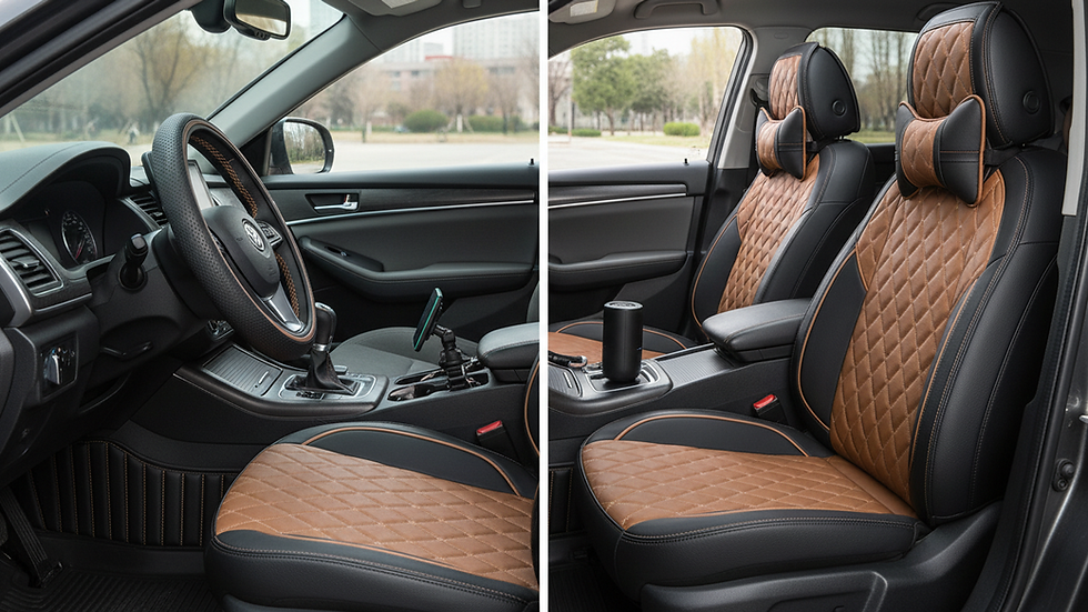 Eye-level view of a car interior with stylish seat covers and accessories