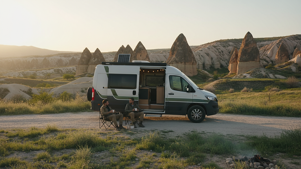 Wide angle view of a budget campervan parked near Cappadocia’s fairy chimneys