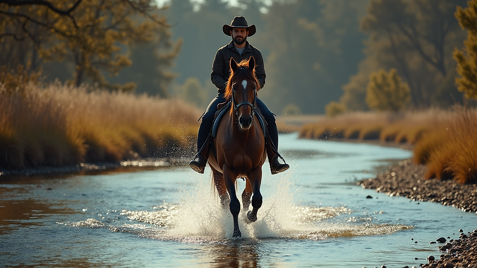 High angle view of a horse and rider crossing a shallow stream