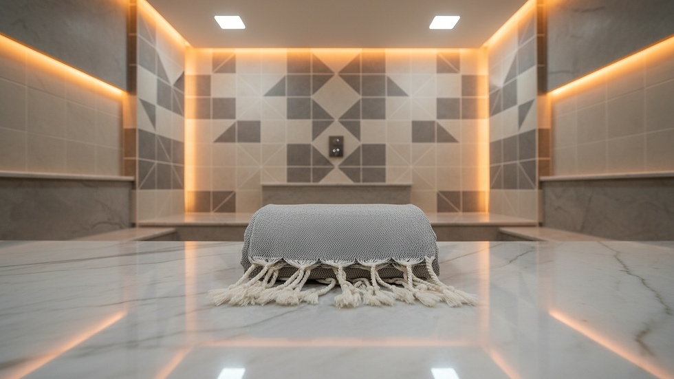 Close-up view of a folded pestemal towel on a marble slab in a Turkish bath
