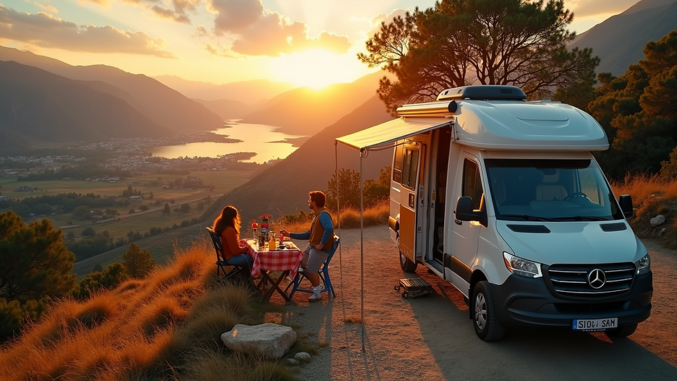 High angle view of a caravan parked at a scenic campsite surrounded by nature