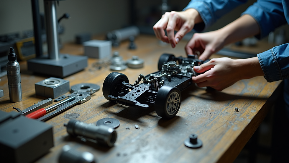 High angle view of hands assembling a scale model car chassis on a workbench