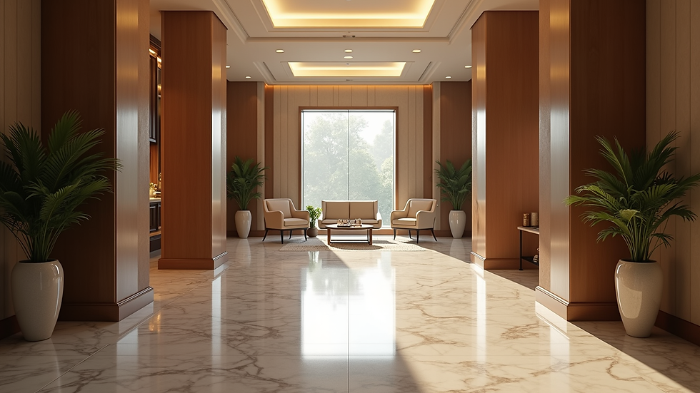 Eye-level view of a luxury hotel lobby with elegant furnishings
