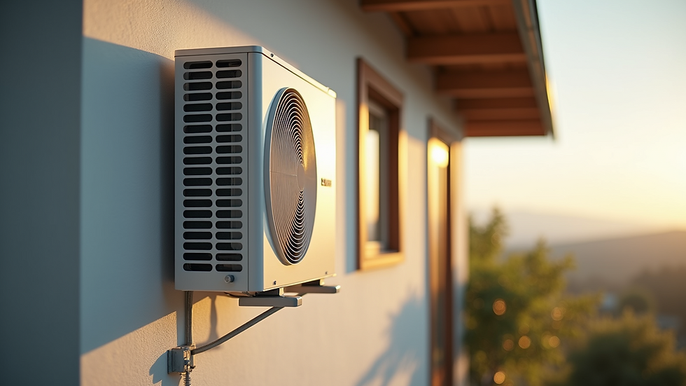 Eye-level view of a compact mini-split air conditioning unit attached to a tiny house wall