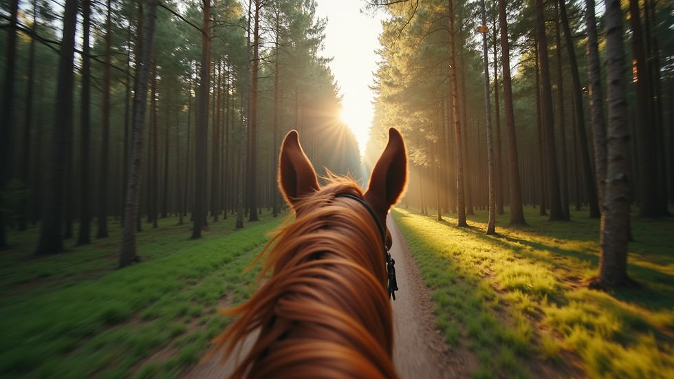 Eye-level view of a horse trotting along a forest trail