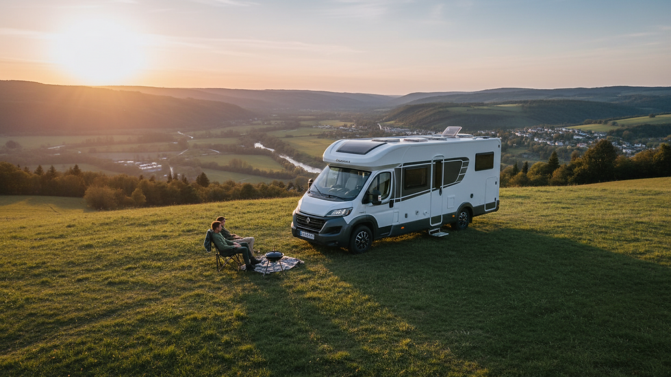 Wide angle view of a motorhome parked on a hill overlooking a valley