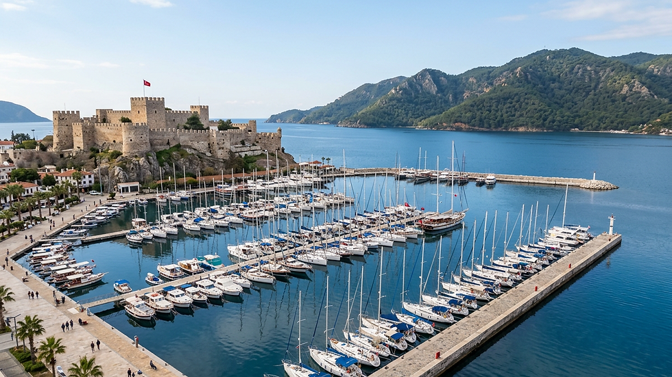 Wide angle view of Marmaris Castle overlooking the marina