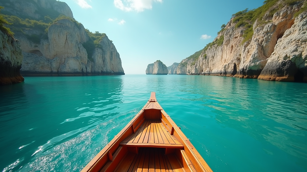 Eye-level view of a traditional wooden boat sailing on turquoise sea near rocky coastline