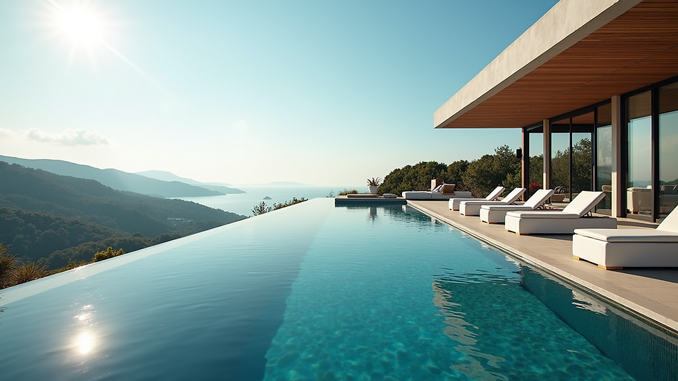 High angle view of a luxurious villa with an infinity pool