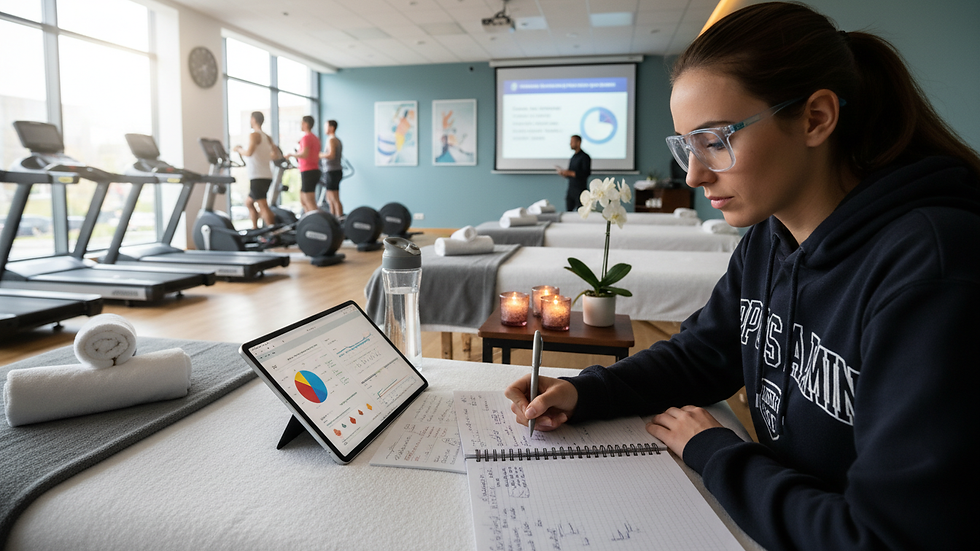 Close-up view of a sports management student taking notes during a lecture