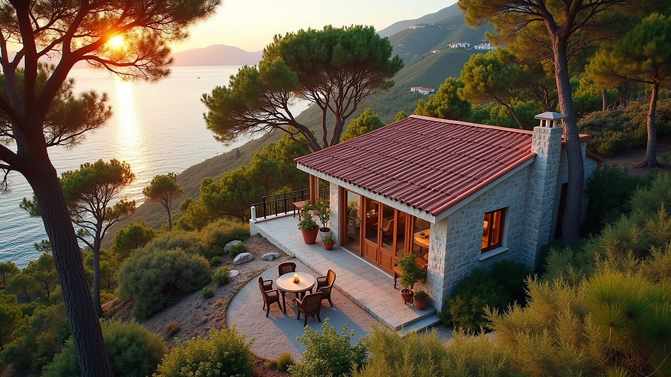 High angle view of a tiny house surrounded by pine trees