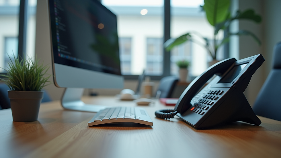 Eye-level view of a modern office desk with a telephone and computer