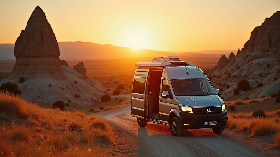 Wide angle view of a campervan parked near Cappadocia’s fairy chimneys at sunset