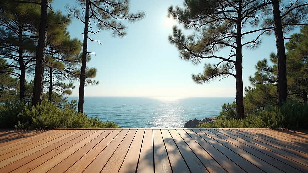 Eye-level view of a wooden deck overlooking pine trees and the sea
