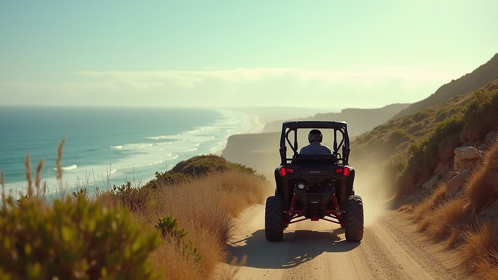 Wide angle view of a buggy driving along a coastal trail with sea in the background