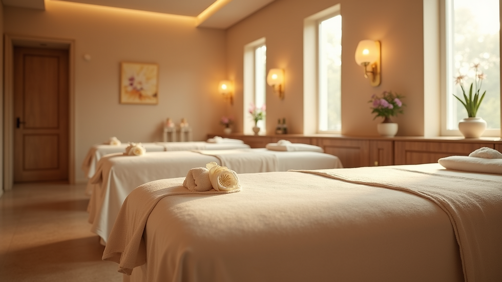 Eye-level view of a serene spa room with soft lighting and comfortable massage tables